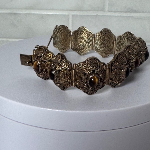 Vtg Chinese Export Bracelet Tiger's Eye Cabochon Silver Gilded Vermeil Filigree - Picture 10 of 16